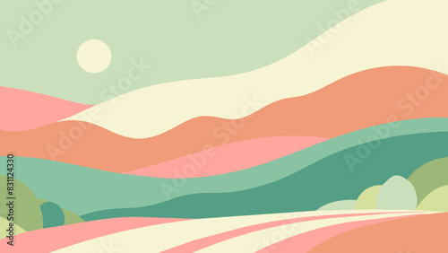 Paisaje minimalista con montañas, olas y formas abstractas