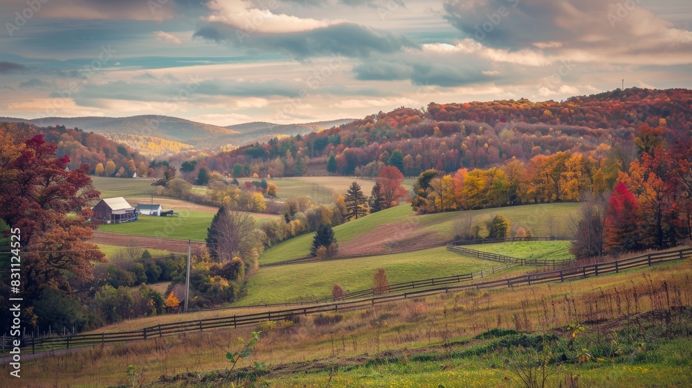 Scenic autumn landscape with pastel skies and rolling hills covered in fall foliage. Scenic autumn landscape with pastel skies and rolling hills covered in fall foliage.