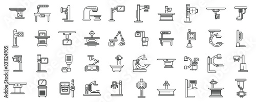 X-ray machine icons set vector. A collection of medical equipment icons. Some of the icons include a stethoscope, a blood pressure cuff, a thermometer, and a syringe
