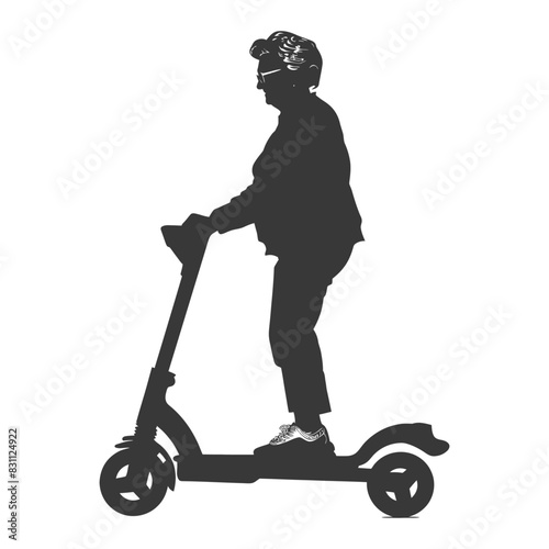 Silhouette of elderly woman riding electric scooter.