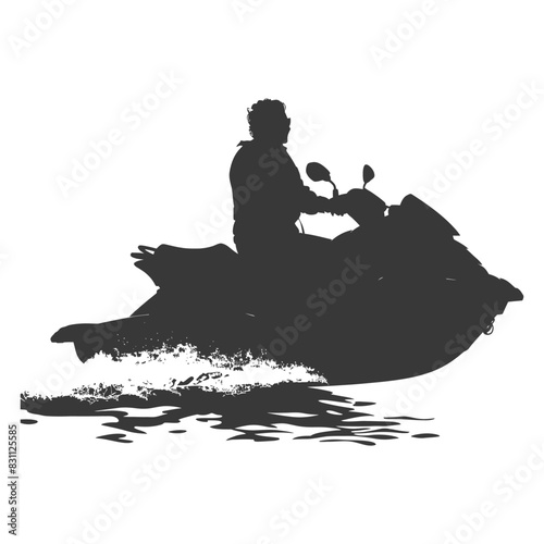 Silhouette of a Man Riding a Jet Ski, Isolated on White, Water Spray.