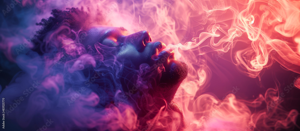 Obraz premium Modern vape shop banner featuring stylish men vaping in an urban setting with neon lights and graffiti