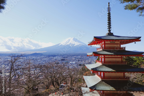 The iconic view of Mount Fuji with the red Chureito pagoda and Fujiyoshida city from Arakurayama sengen park in Yamanashi Prefecture  Japan.