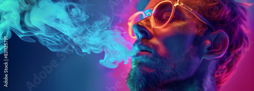 Modern vape shop banner featuring stylish men vaping in an urban setting with neon lights and graffiti