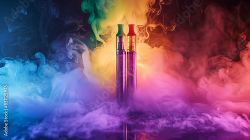 two rainbow disposable electronic cigarettes, colorful smoke around, dark background photo