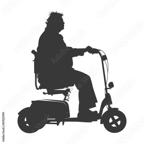 Silhouette of senior man riding an electric mobility scooter on white.