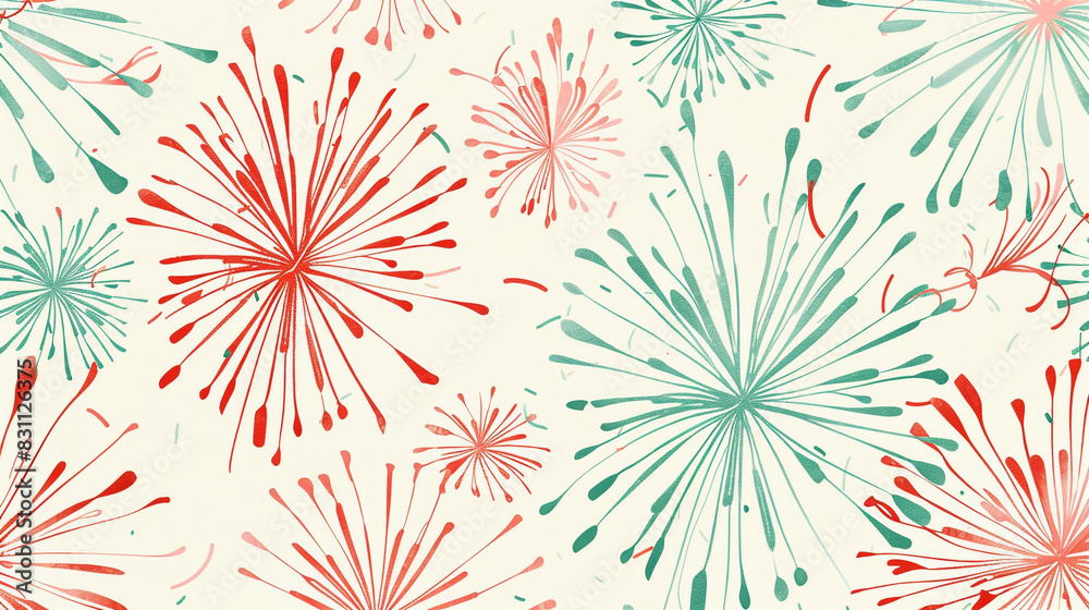 Mint and coral fireworks add a festive touch to a cream background, perfect for elegant events, Mint and coral fireworks add a festive touch to a cream background, perfect for elegant events,