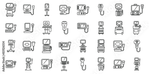Ultrasound machine icons set vector. A collection of medical equipment icons. Some of the icons include a stethoscope, a blood pressure monitor, and a heart monitor