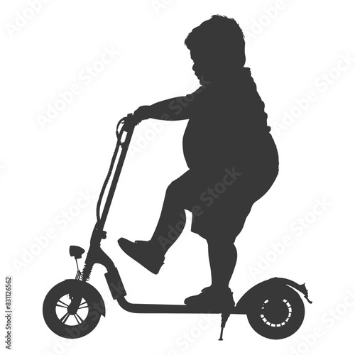 Silhouette of child riding e-scooter, one foot balancing, humorous, isolated on white.