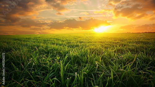 A serene landscape featuring a grassy field under a golden sunset, the warm colors of the sky reflecting on the lush green grass, creating a tranquil and peaceful atmosphere. © Ateeq