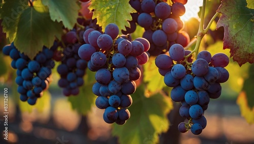 A painting of ripe grapes hanging from a vine at sunset in a vineyard