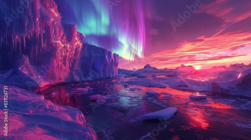 A dazzling neon-lit tundra, electric ice formations and glowing aurora lighting up the polar night sky