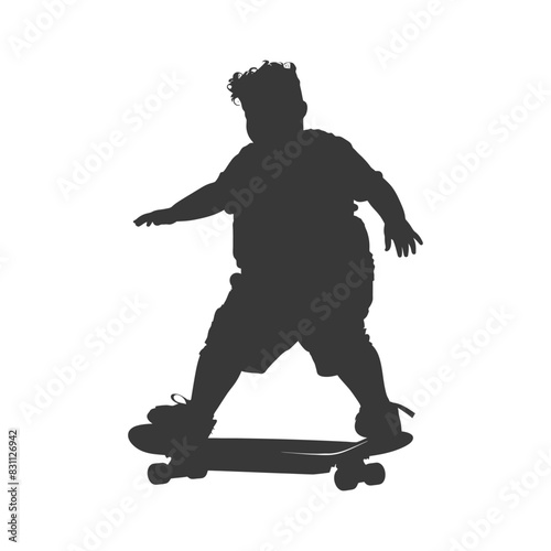 Silhouette Skater: Overweight Child Riding Skateboard on White.