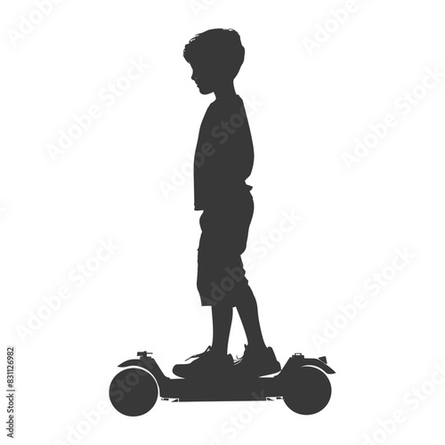 Silhouette of a boy on a hoverboard, isolated on white.