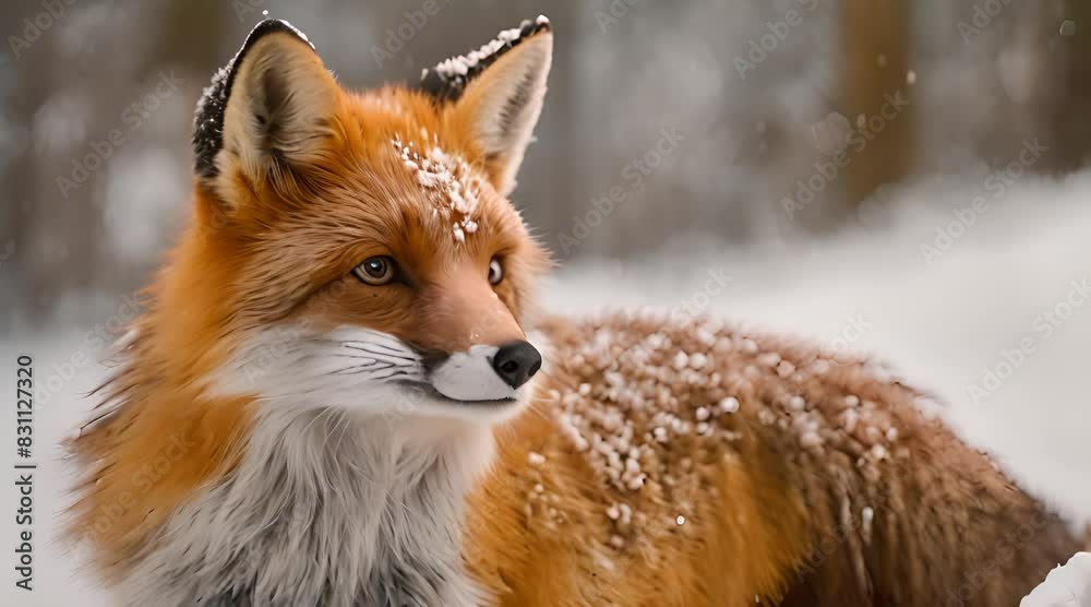 close-up of a red fox in a snowy landscape, with snowflakes gently falling on its fur, showcasing the fox's striking orange and white coat close-up of a red fox in a snowy landscape, with snowflakes gently falling on its fur, showcasing the fox's striking orange and white coat