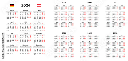 simple 2024 2025 2026 2027 2028 2029 2030 german calendar grid, monday first, two weekends