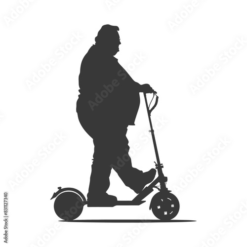 Silhouette of Overweight Man Riding Small Scooter.