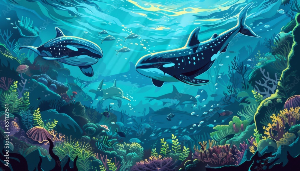 Fish and coral reefs under the sea. Underwater world with seaweeds and sea animals Fish and coral reefs under the sea. Underwater world with seaweeds and sea animals