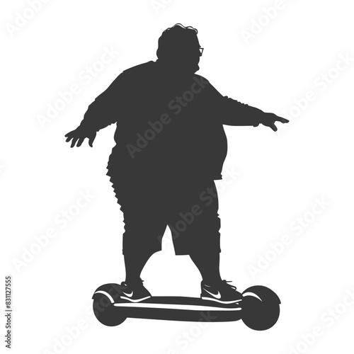 silhouette fat elderly man riding hoverboard full body black color only