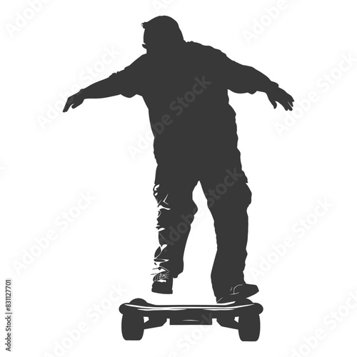 silhouette fat elderly man riding hoverboard full body black color only