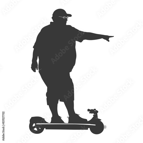 silhouette fat elderly man riding hoverboard full body black color only