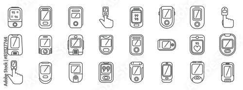 Pulse oximeter icons set vector. A collection of cell phones and watches with a variety of buttons and icons. The collection includes a watch with a heart symbol, a cell phone with a camera, and a