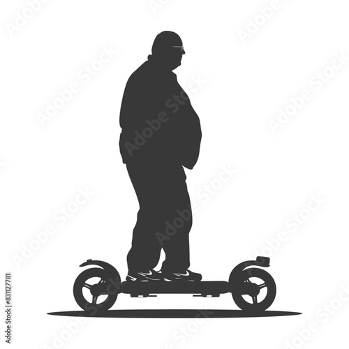 silhouette fat elderly man riding hoverboard full body black color only