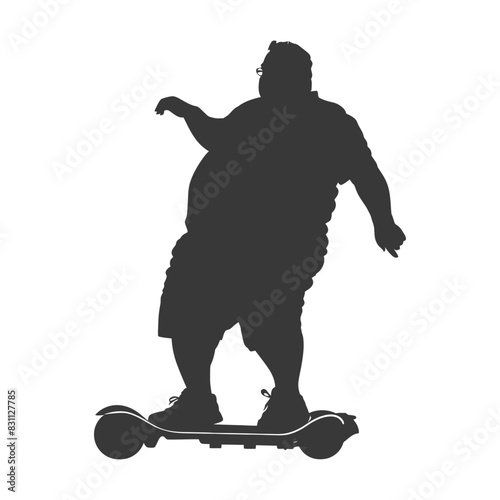 silhouette fat elderly man riding hoverboard full body black color only