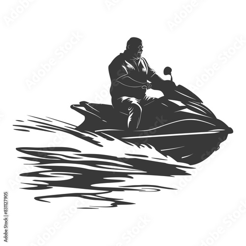 silhouette fat elderly man riding jet ski full body black color only