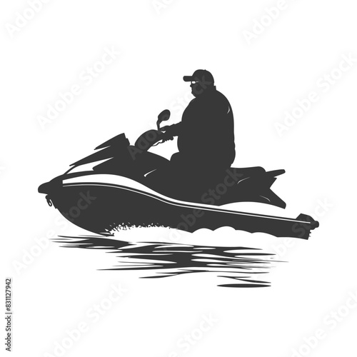 silhouette fat elderly man riding jet ski full body black color only
