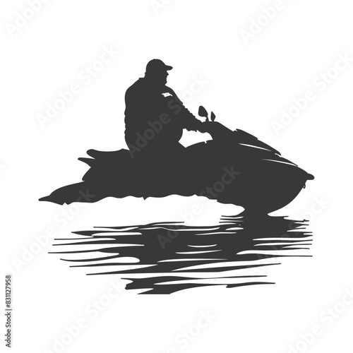 silhouette fat elderly man riding jet ski full body black color only