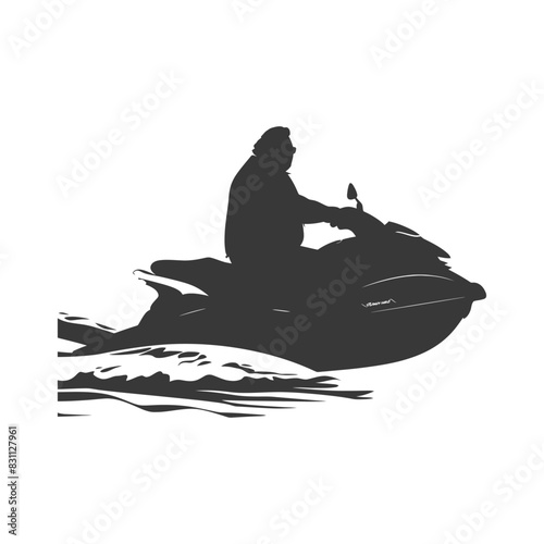 silhouette fat elderly man riding jet ski full body black color only