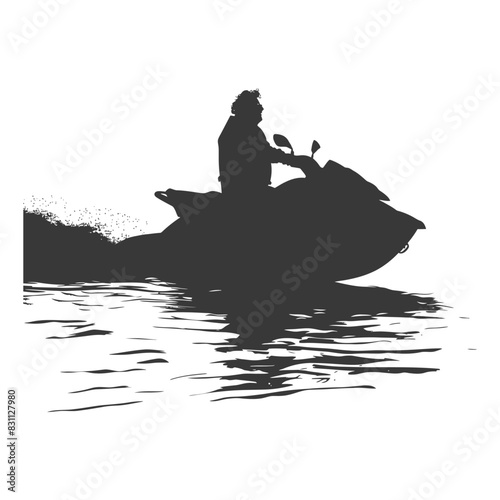 silhouette fat elderly man riding jet ski full body black color only