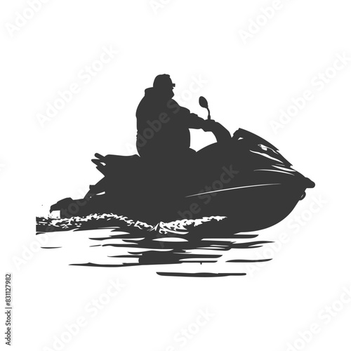 silhouette fat elderly man riding jet ski full body black color only