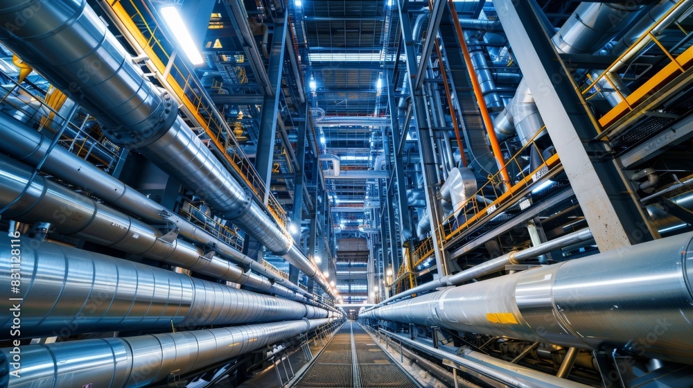 Steel pipelines running along the ceiling of a large manufacturing plant, with valves positioned at key junctions Steel pipelines running along the ceiling of a large manufacturing plant, with valves positioned at key junctions