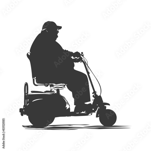 silhouette fat elderly man riding mobility scooter full body black color only