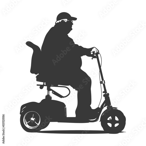silhouette fat elderly man riding mobility scooter full body black color only