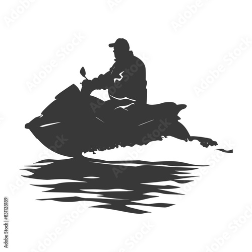 silhouette fat elderly man riding jet ski full body black color only