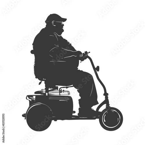 silhouette fat elderly man riding mobility scooter full body black color only