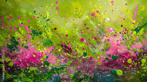 Abstract splashes of green and vibrant pink in a surrealistic oil painting of a blooming meadow, photo