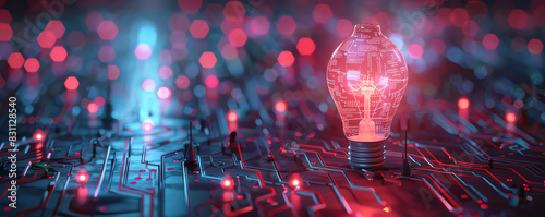 A glowing light bulb on a futuristic circuit board surrounded by vibrant neon lights, symbolizing technology and innovation. photo