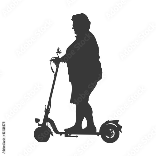 Silhouette: Overweight Man Riding Electric Scooter.