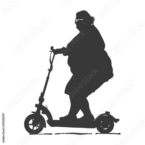 Silhouette of woman riding electric scooter, isolated on white.