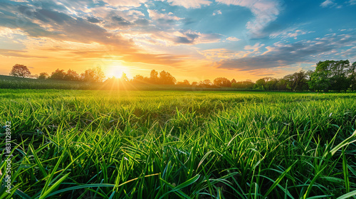 A serene landscape featuring a grassy field under a golden sunset  the warm colors of the sky reflecting on the lush green grass  creating a tranquil and peaceful atmosphere.