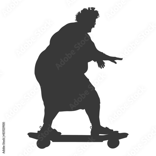 Silhouette: Overweight Woman Skateboarding, Humorous, Active Lifestyle.