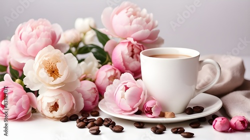 On a white background, adorable feminine accessories, coffee with cream, and pink peonies: 