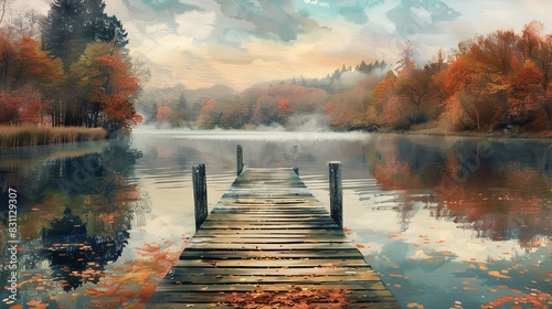 Pastel autumn scene with a wooden pier extending into a calm lake. photo