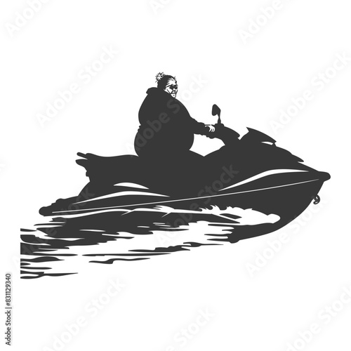 Silhouette of a woman riding a jet ski, extreme sport, water activity, graphic design element.