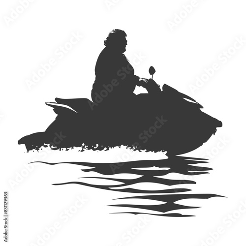 Monochrome Silhouette: Plus-Size Figure Riding a Jet Ski, Water Reflection.