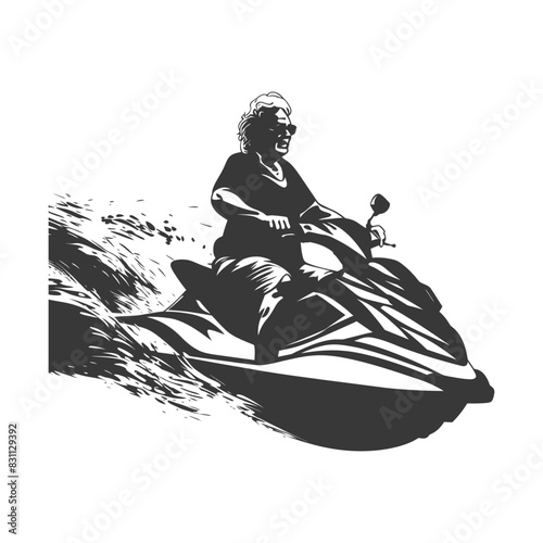 Silhouette: Elderly Woman on Jet Ski, Expressive Water Splash, Action & Freedom.